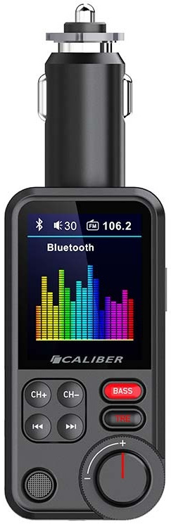 A black car Bluetooth adapter with a screen displaying sound levels and controls.