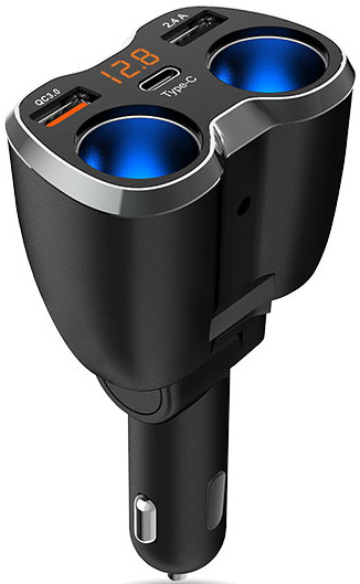 Chargeur de voiture noir avec ports USB et un affichage orange, sur fond blanc.