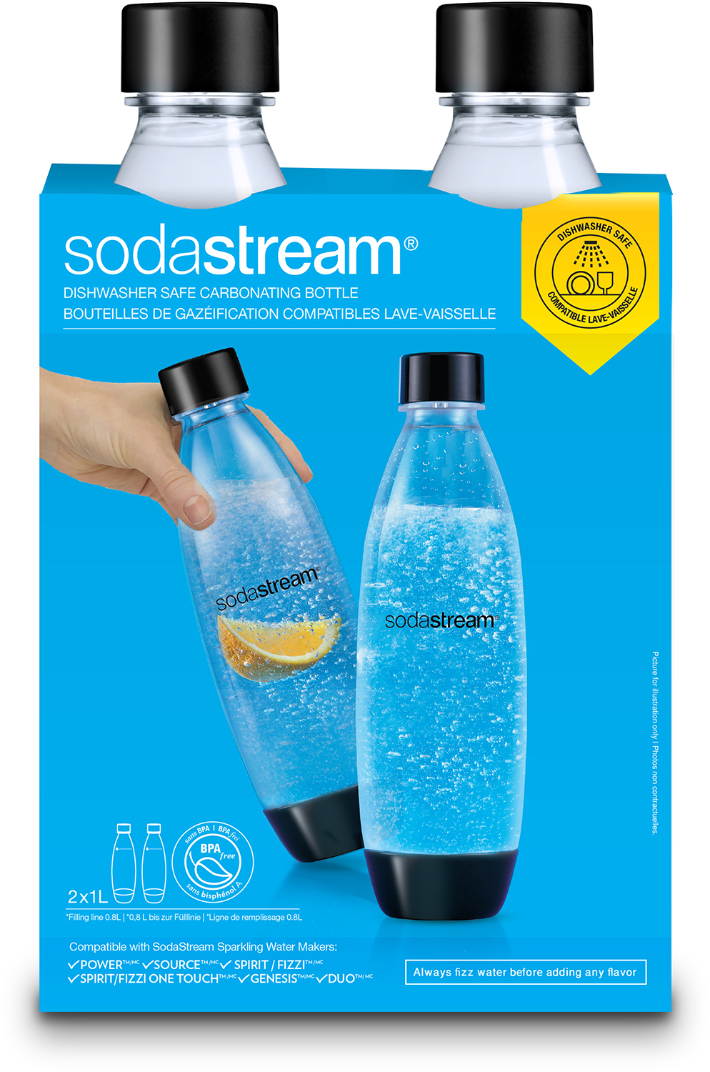 A package of two SodaStream bottles with a bottle being filled with water and orange slice.