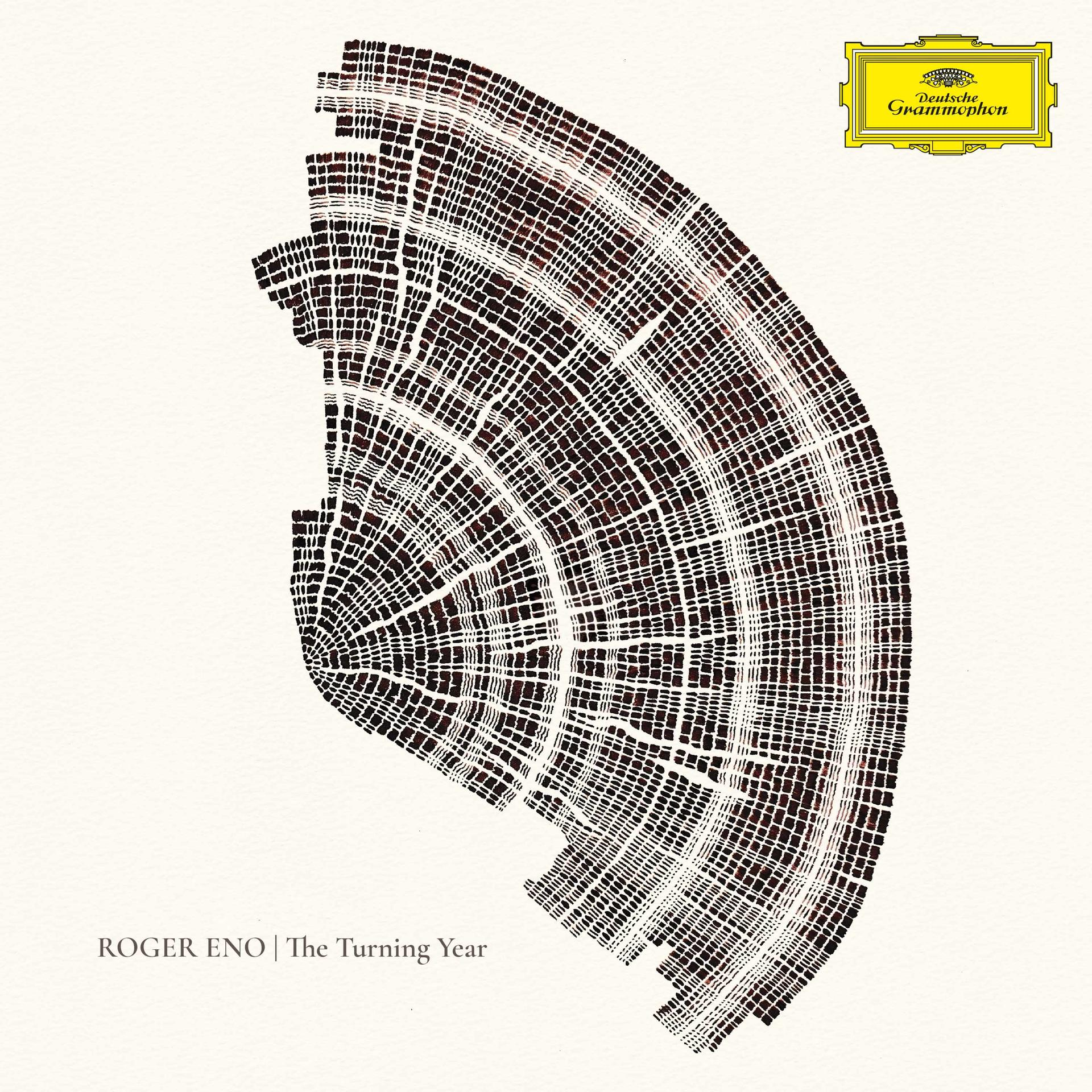 Albumcover: Baumring-Design, abstrakte Kunst. Text: Roger Eno, The Turning Year. Deutsche Grammophon Logo.