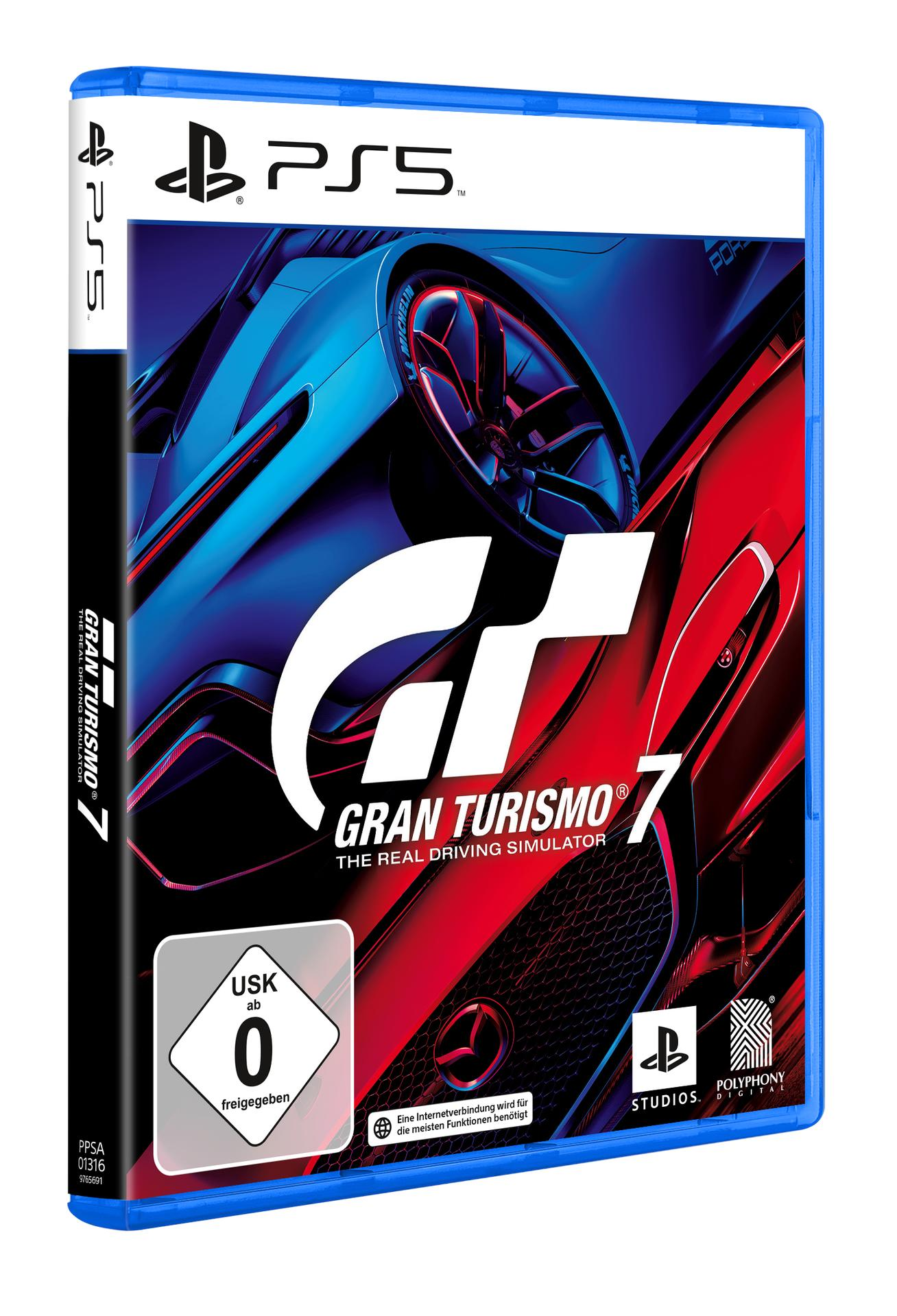 PS5-Spielhülle für Gran Turismo 7, mit einem Auto auf dem Cover, blaues Gehäuse. Das Spiel ist für alle Altersgruppen geeignet.