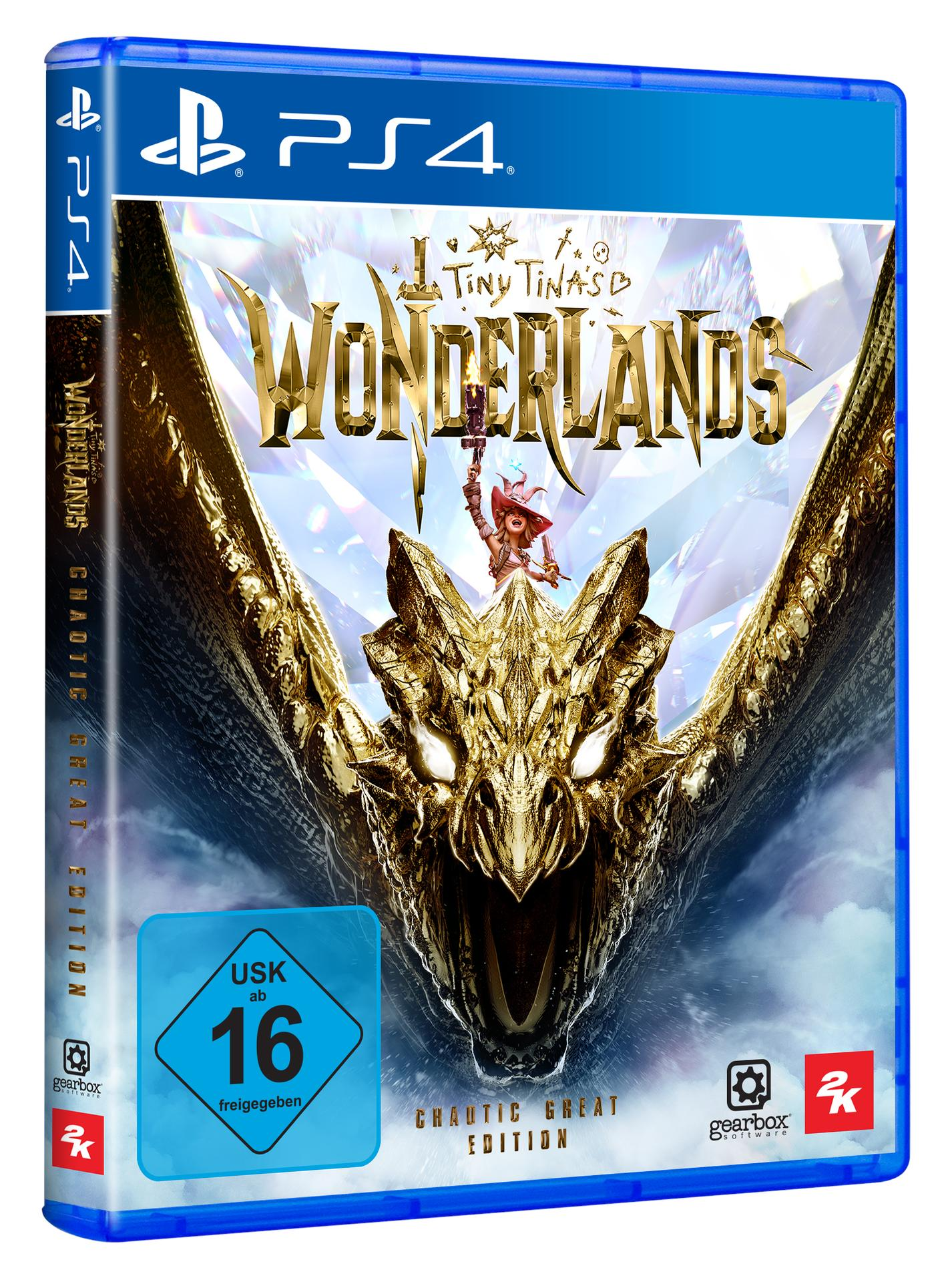 PS4-Spielhülle, Tiny Tina's Wonderlands, zeigt Spielkunst und eine USK-Bewertung.