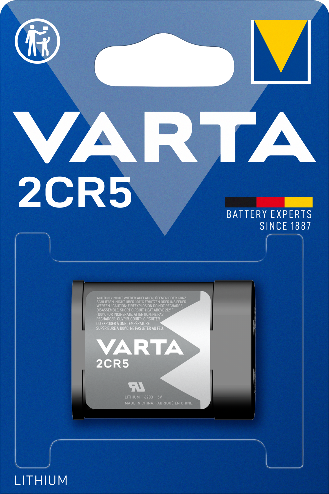 Varta 2CR5 lítium elem csomagolásban, biztonsági információkkal.