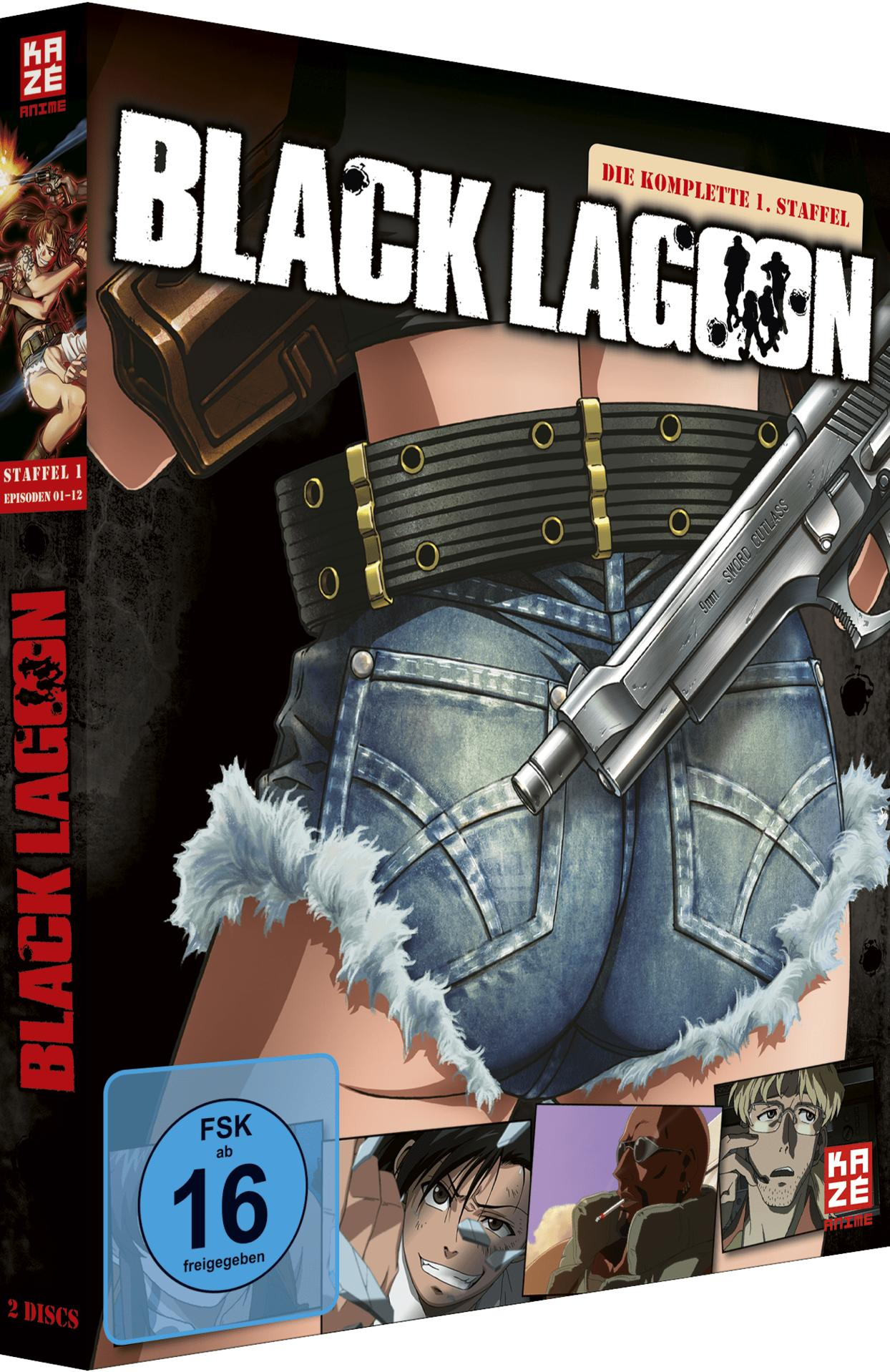 Anime-DVD-Cover: Black Lagoon. Frau mit Waffe, Jeansshorts. Text: Die Komplette 1. Staffel.