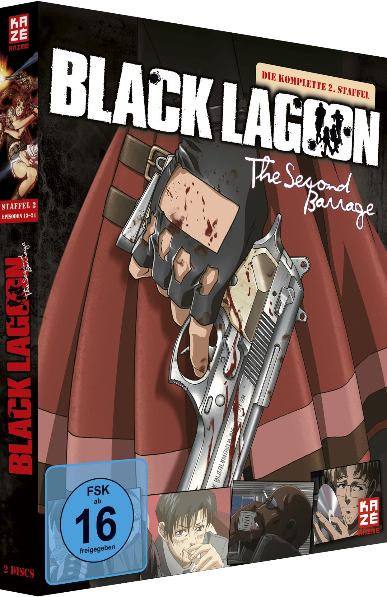 Black Lagoon Anime DVD-Hülle. Eine Figur hält eine blutige Waffe. Der Titel ist Black Lagoon.