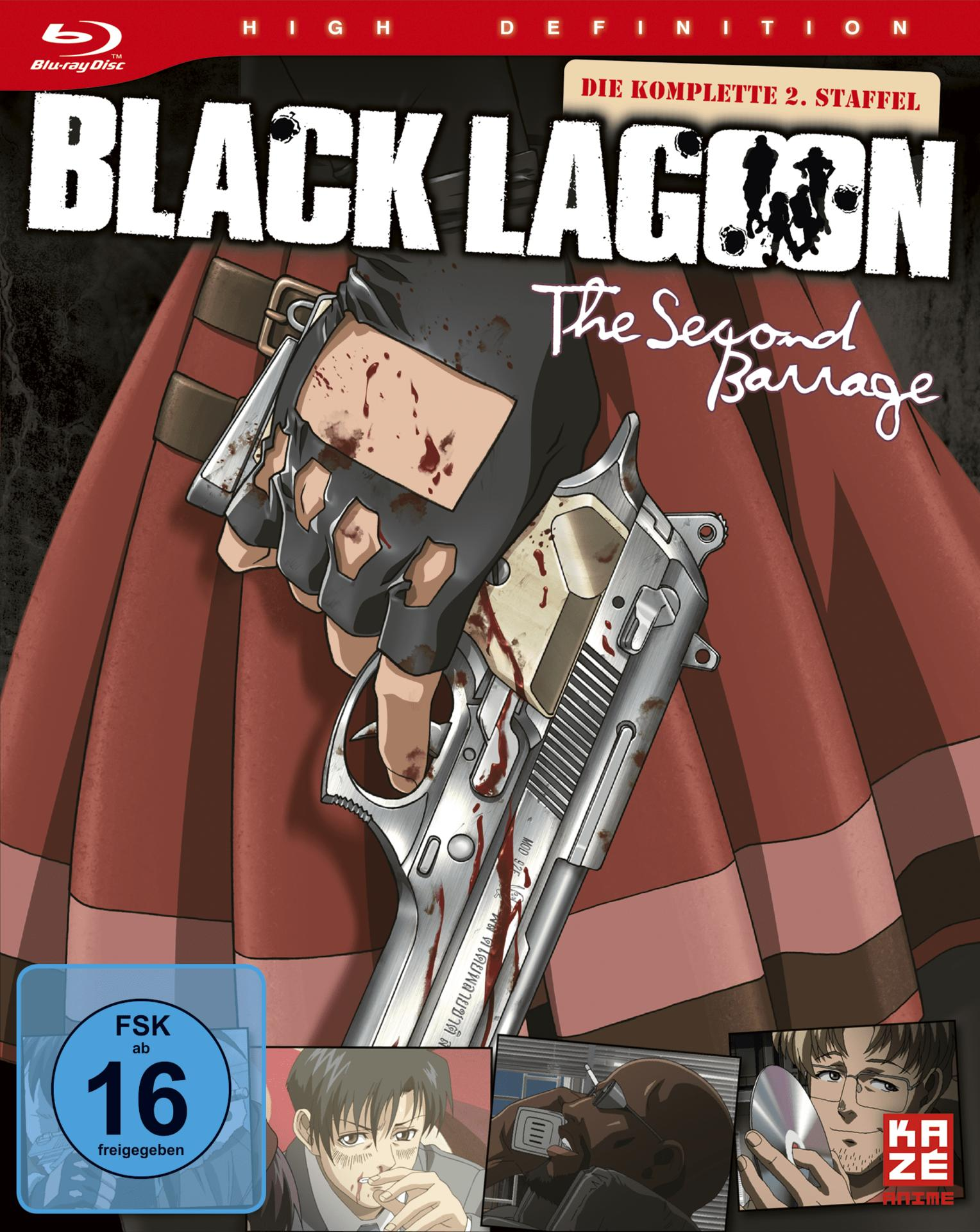 DVD-Cover: Black Lagoon, The Second Barrage. Zwei Anime-Charaktere halten Waffen.