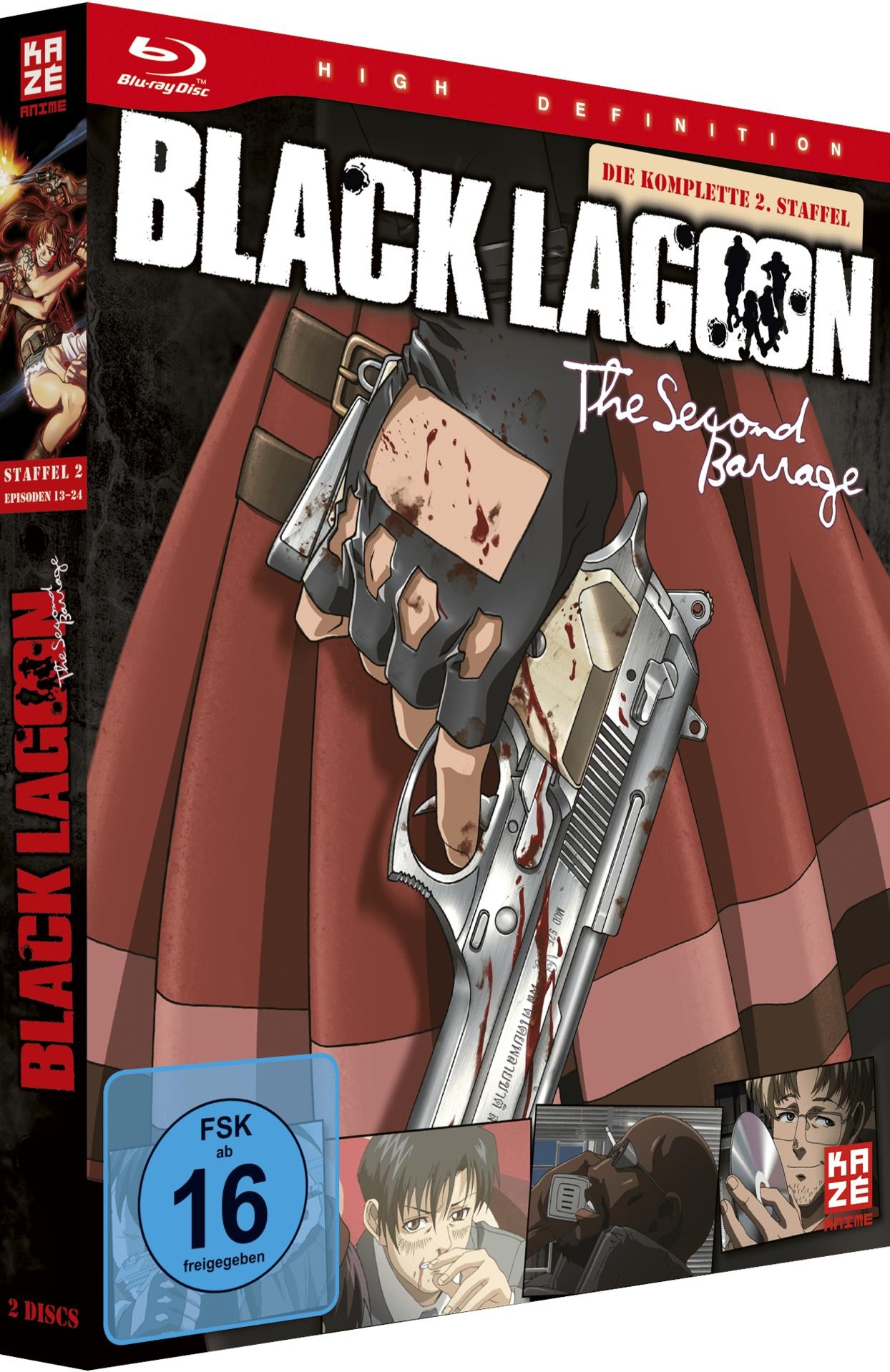 DVD-Cover: Black Lagoon, eine Hand, die eine blutige Waffe hält. Im Hintergrund Anime-Charaktere.