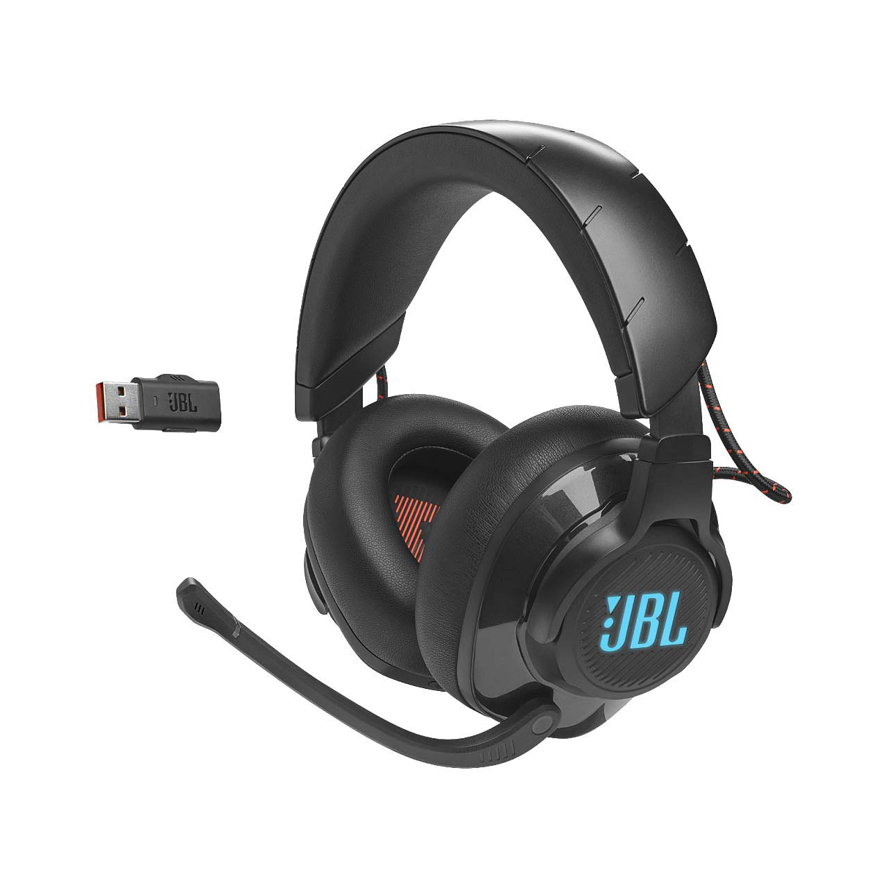Schwarzes JBL-Headset mit Mikrofon und USB-Dongle.