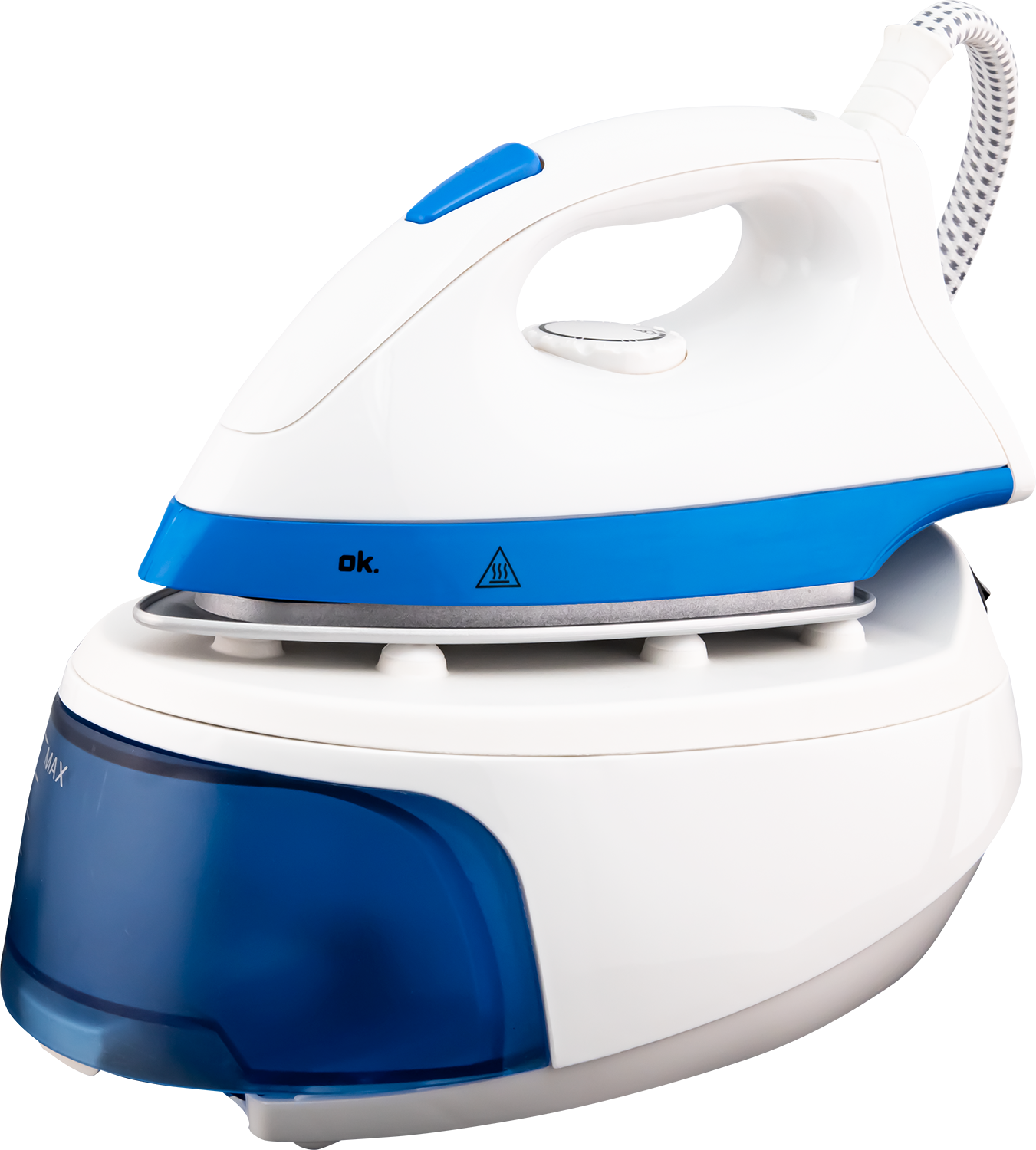 White and blue iron with steam function. The iron is on a white base.