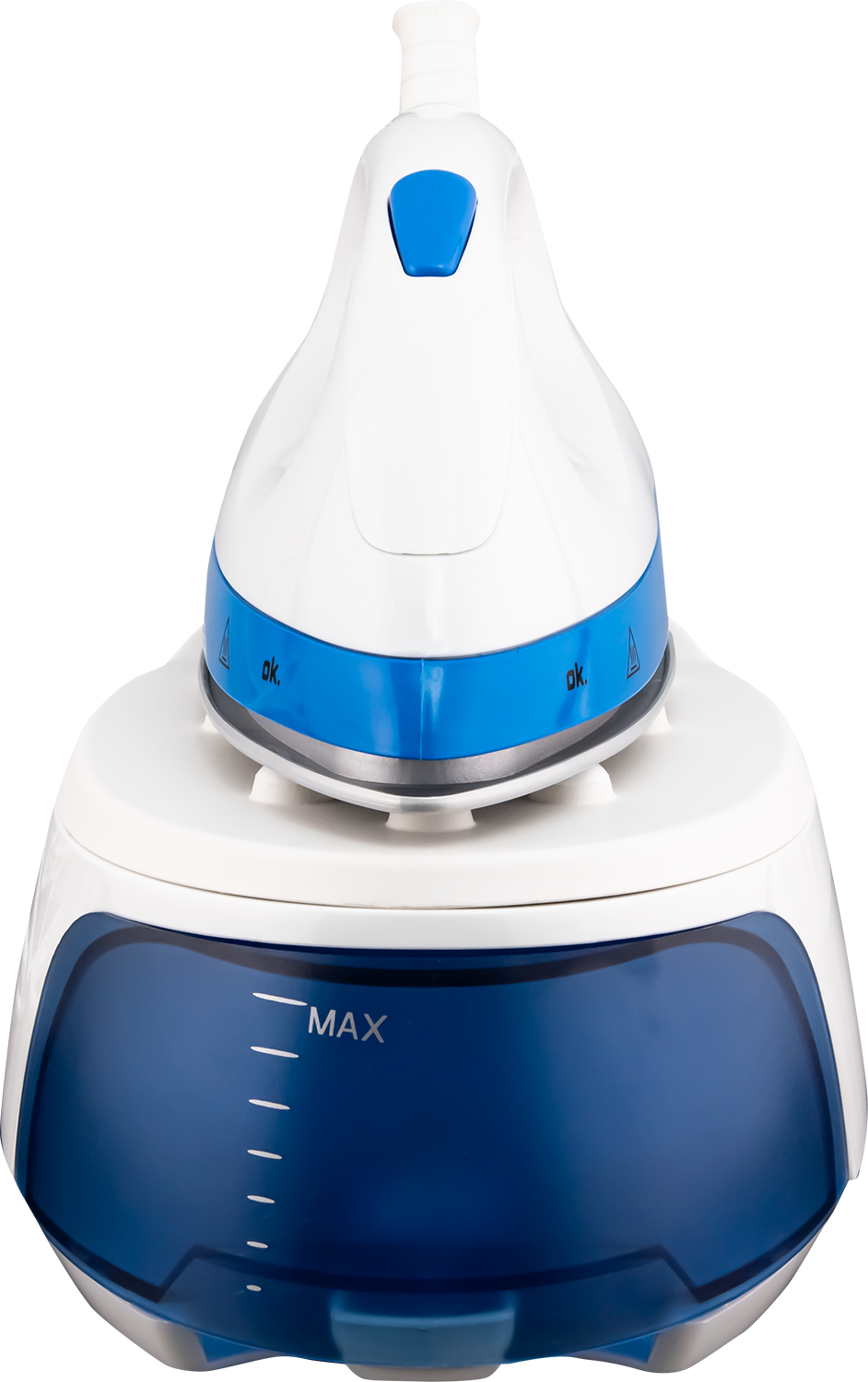 White and blue steam iron on a white base. Blue water tank is at the bottom. 