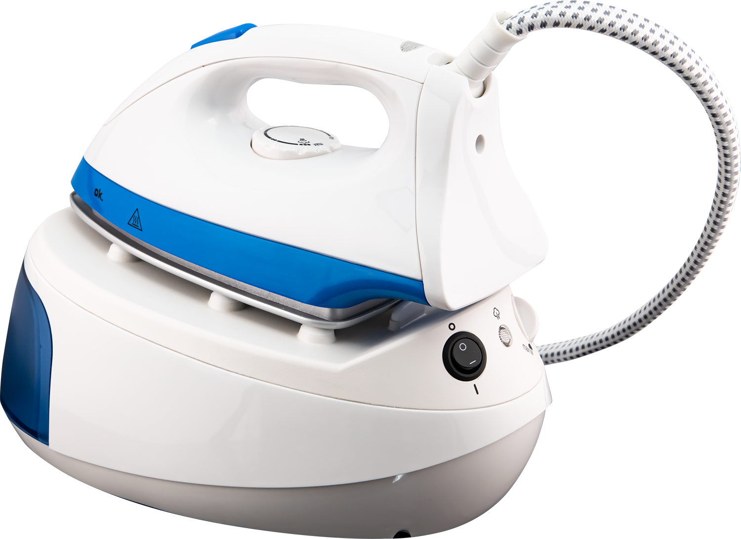 White and blue steam iron. Features a handle, dial, and power button. It has a flexible hose with a patterned cover.