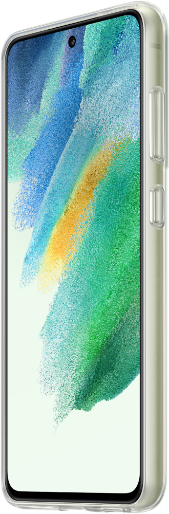 Ein Smartphone in einer durchsichtigen Hülle, das Seitenprofil zeigend. Die Farbe ist Grün.
