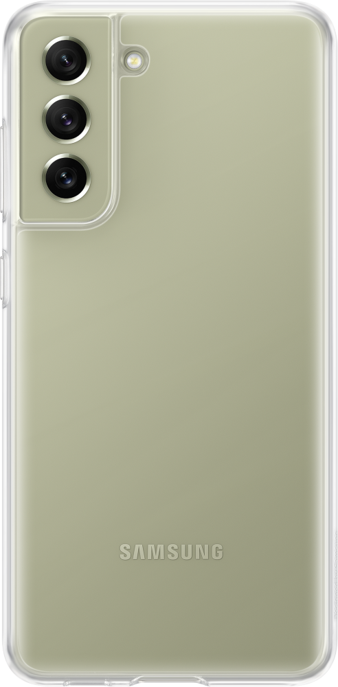Grünliche Handyhülle mit transparentem Rand, Samsung-Logo sichtbar.