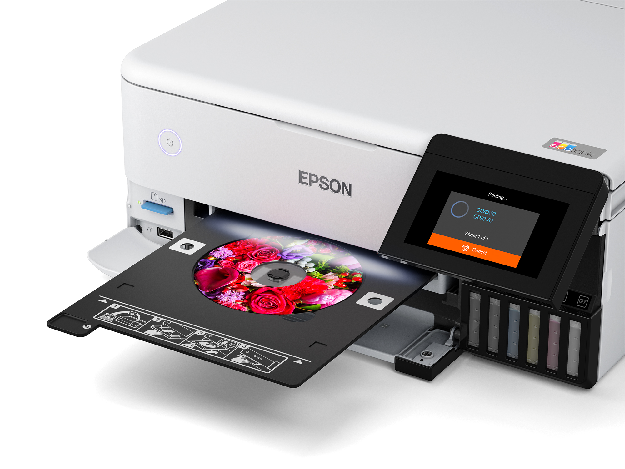 Epson yazıcı CD yazdırıyor. CD tepside, renkli çiçek deseni gösteriyor.