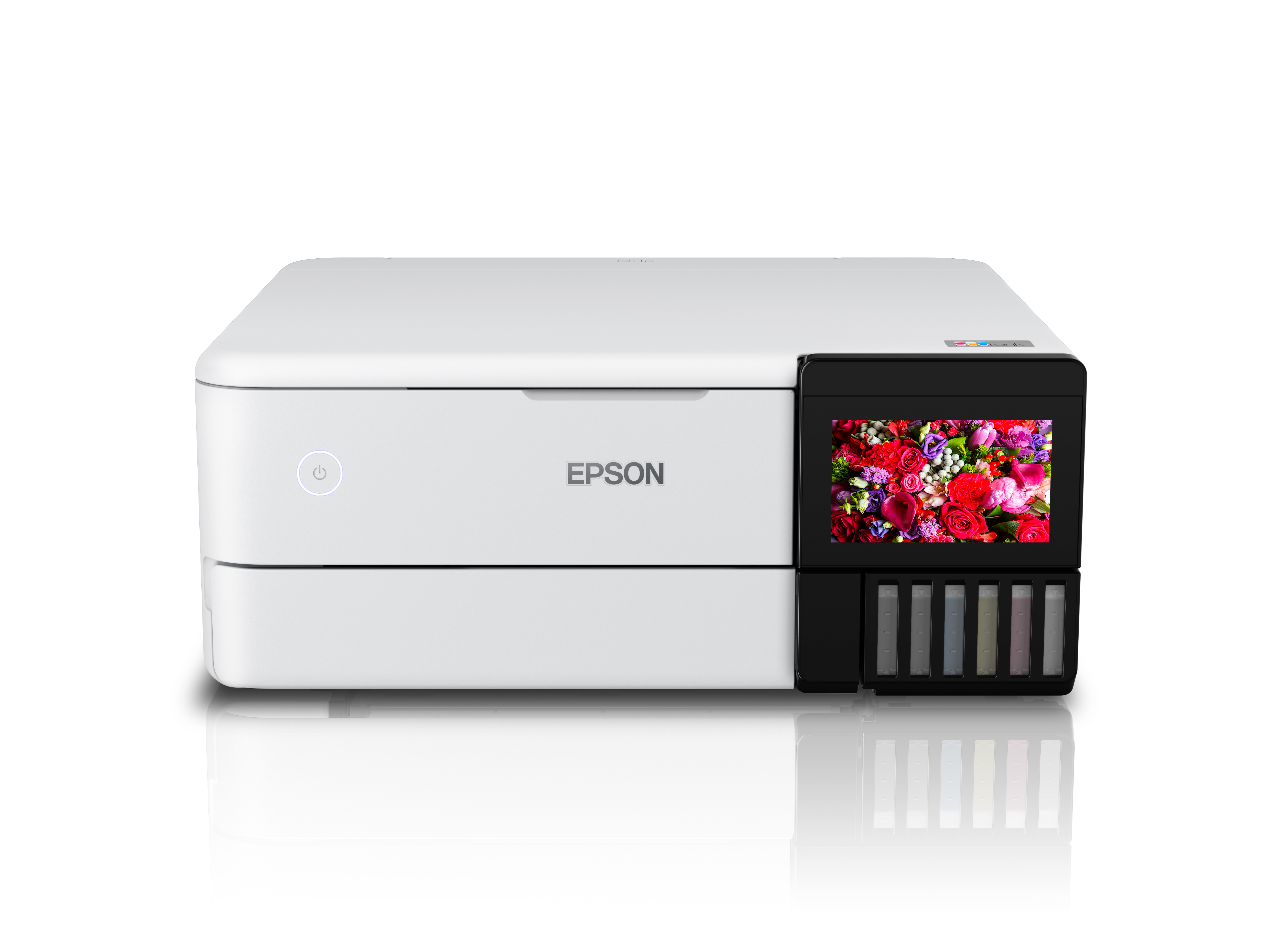 Renkli ekranlı beyaz Epson yazıcı, çiçek görüntüsü gösteriyor, sağda siyah mürekkep kartuşları.