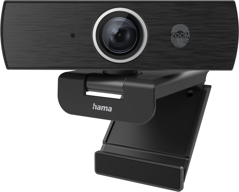 Una webcam Hama nera su un supporto. L'obiettivo è centrato, con un logo 'ZOOM' sulla destra.