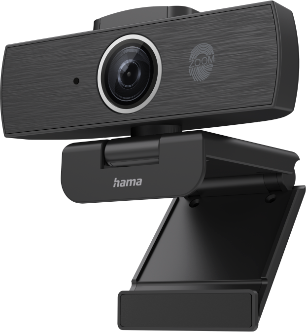 Webcam nera con obiettivo e logo 'ZOOM', montata su un supporto nero.