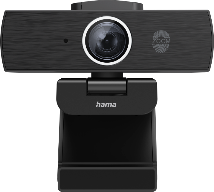 Webcam Hama nera con anello luminoso e logo zoom. Sfondo nero.