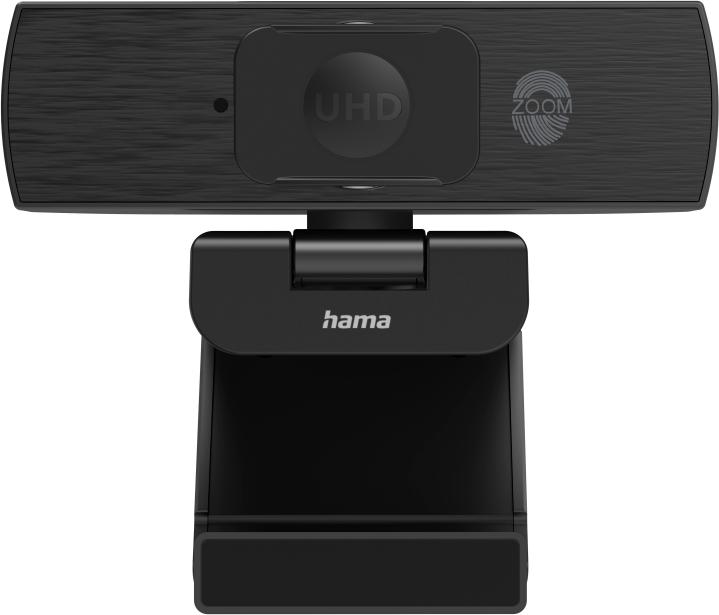 Webcam nera con UHD, logo zoom e marchio hama, su sfondo nero.