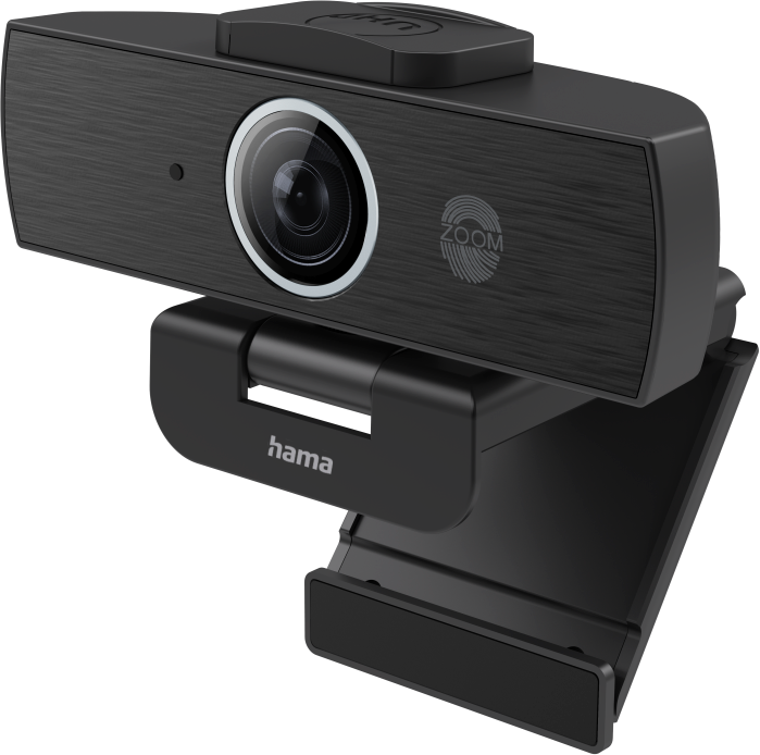 Webcam nera con obiettivo e supporto su sfondo neutro.