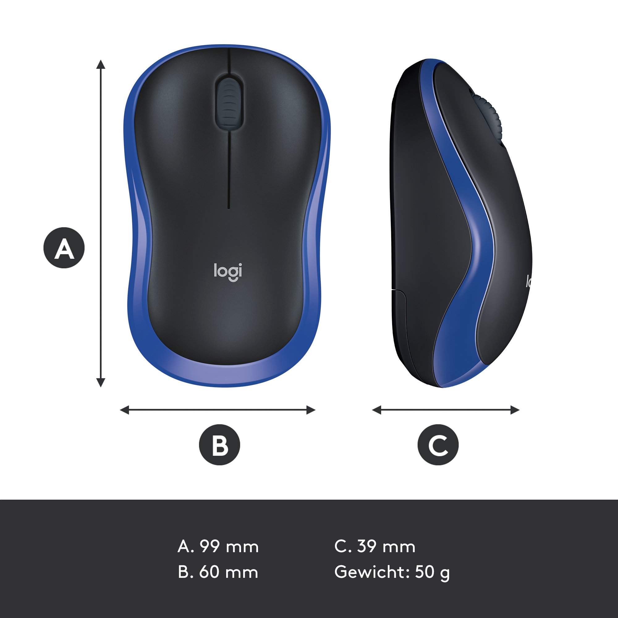 Een zwarte en blauwe computermuis met afmetingen. Het Logitech-logo is zichtbaar.