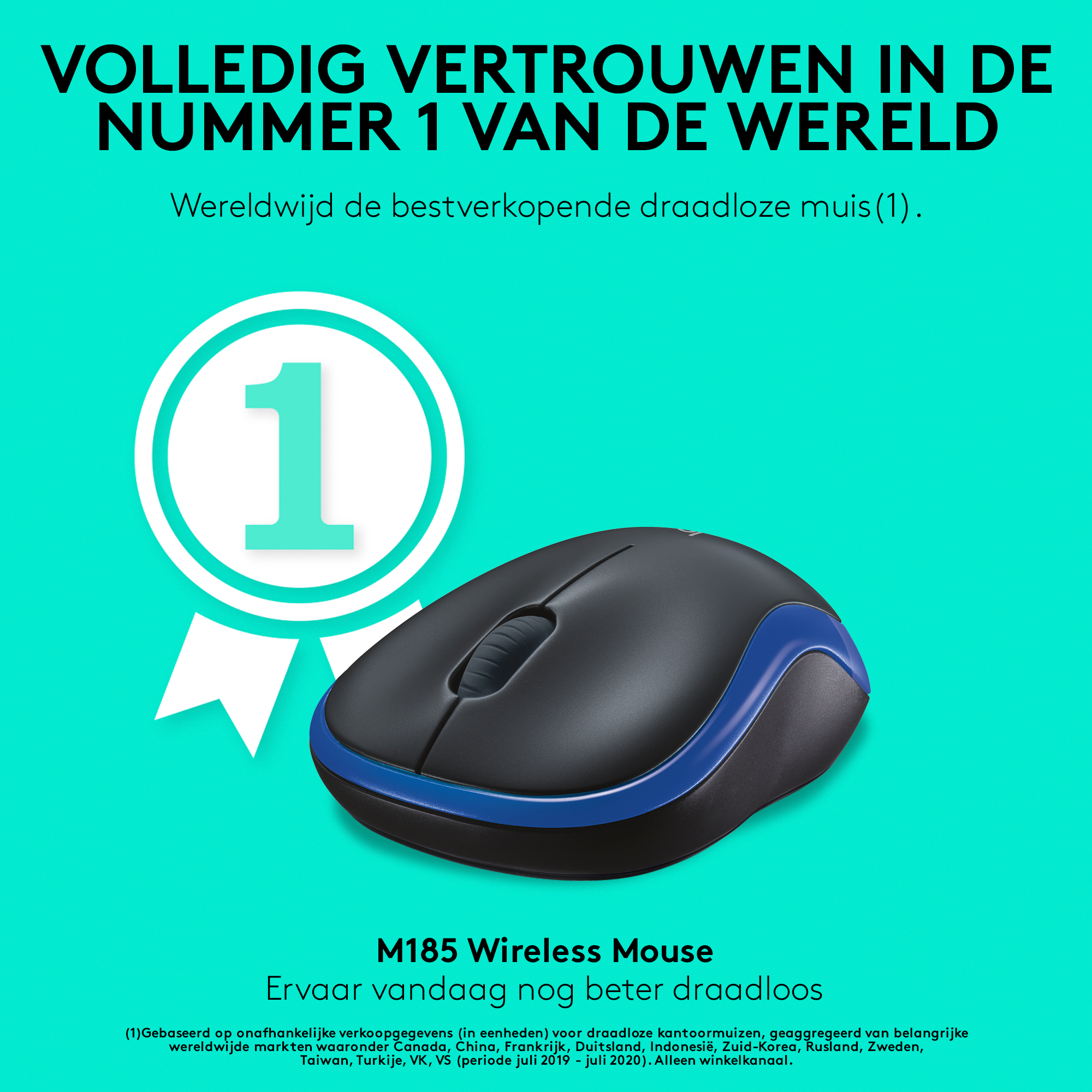 Draadloze muis met een blauw accent en het nummer één. Tekst in het Nederlands. Achtergrond is wit.