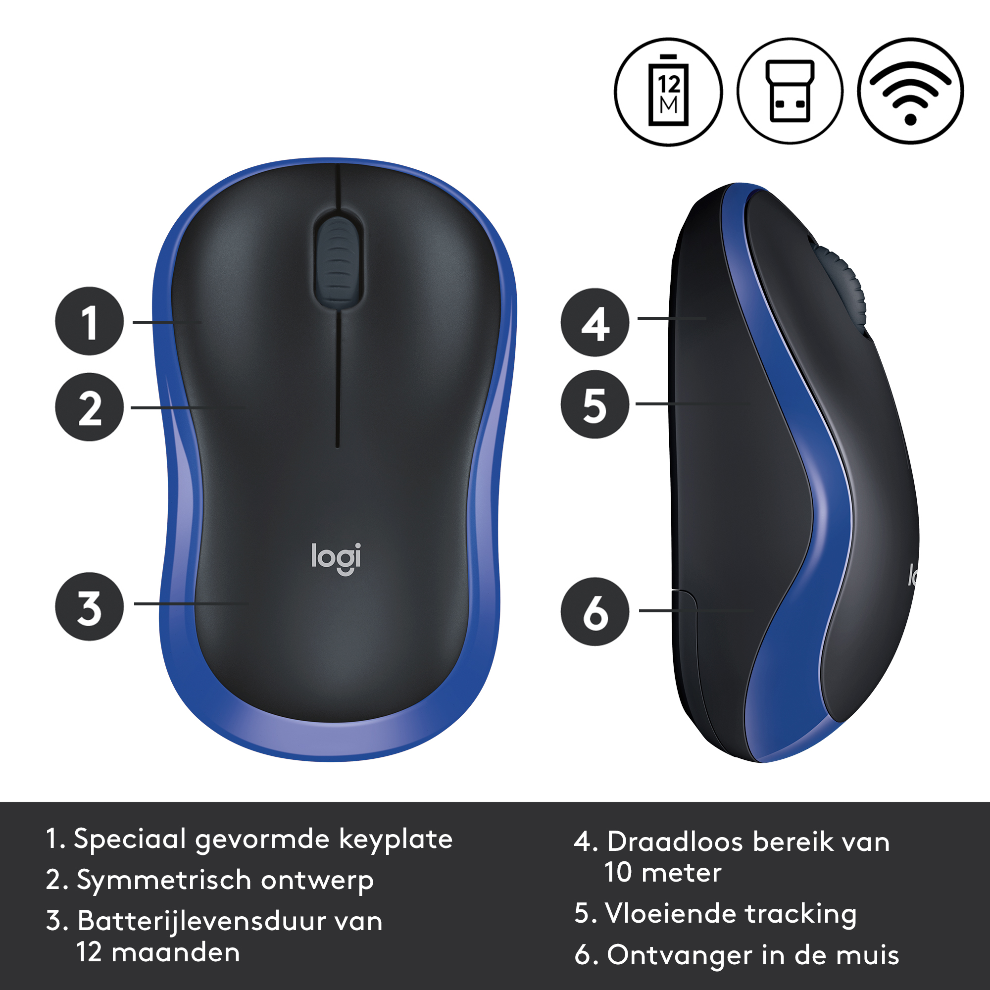 Logitech draadloze muis. Blauw en zwart, genummerde elementen en tekstbeschrijvingen.