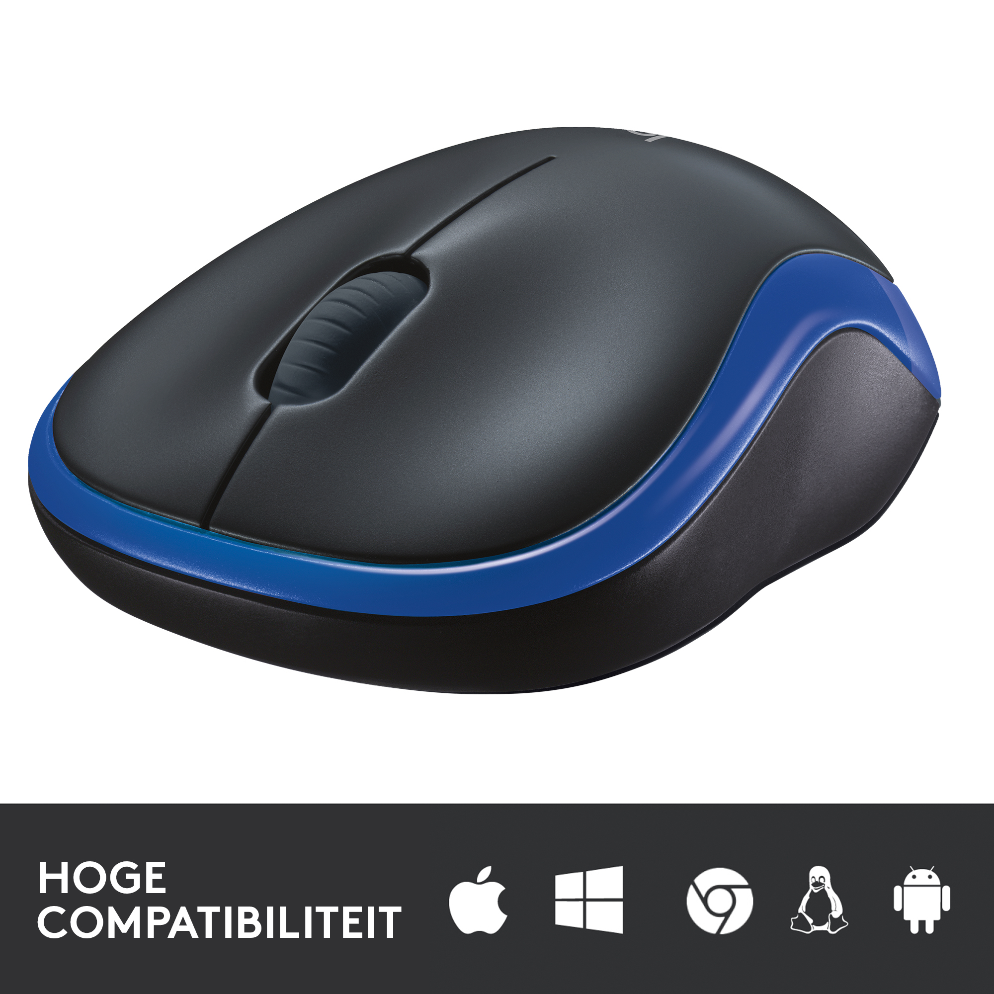 Zwarte en blauwe draadloze muis, witte achtergrond, compatibiliteitsiconen.