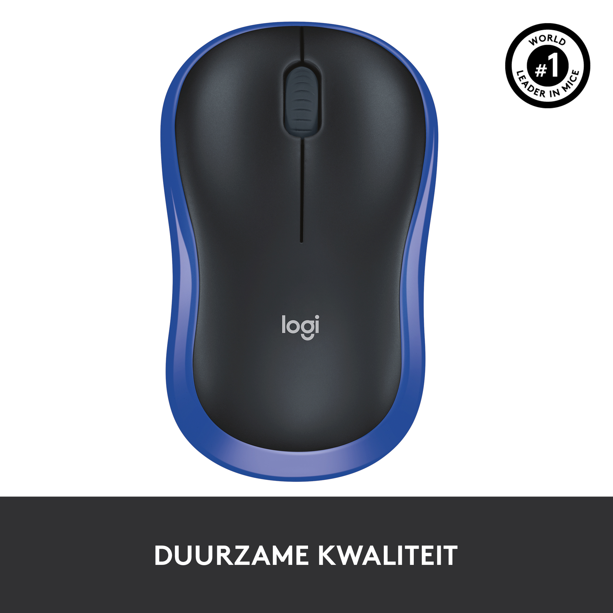 Een zwarte en blauwe Logitech muis. De bovenkant is zwart, met een scrollwiel en logo. Blauwe randen.