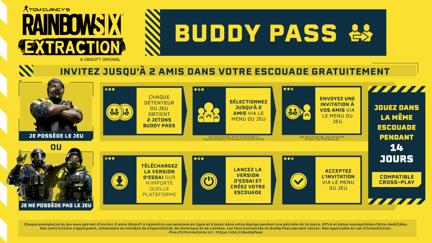 Promotionele afbeelding voor Rainbow Six Extraction. Beschrijft hoe je de Buddy Pass kunt gebruiken om vrienden uit te nodigen om 14 dagen gratis te spelen.