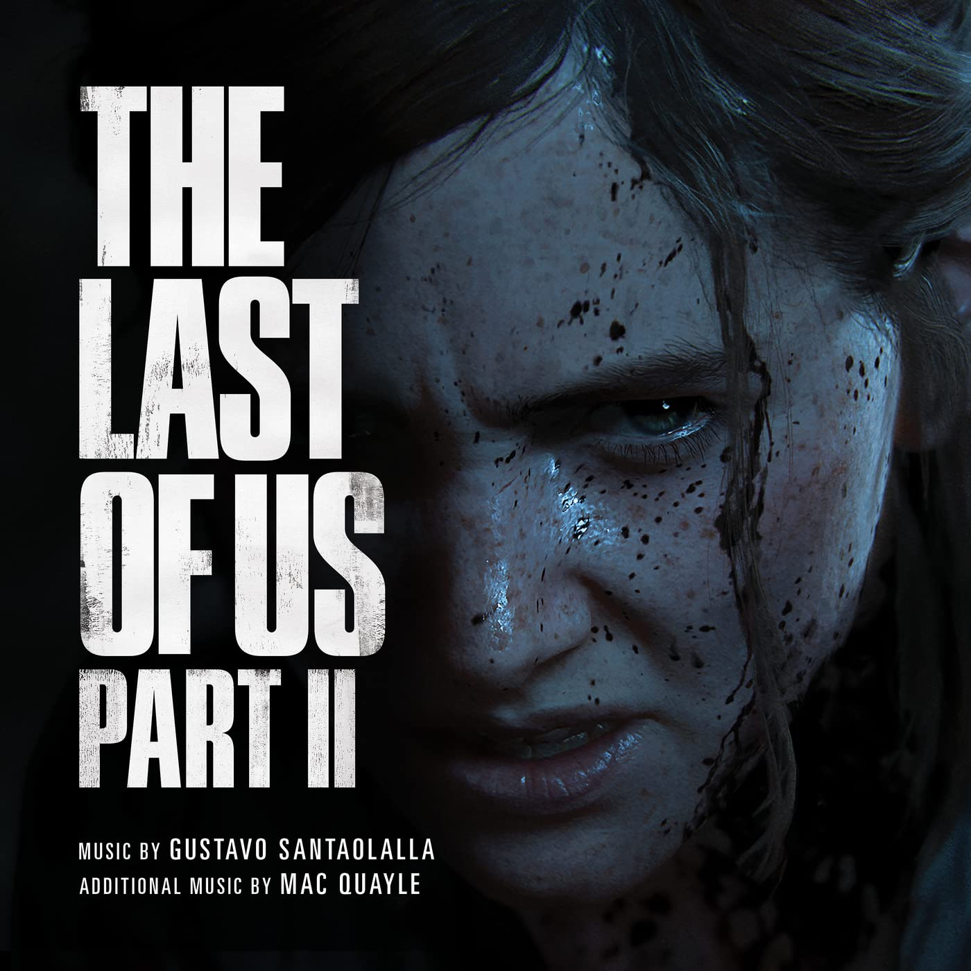 Játék borító: 'The Last of Us Part II', női arc, intenzív kifejezés.