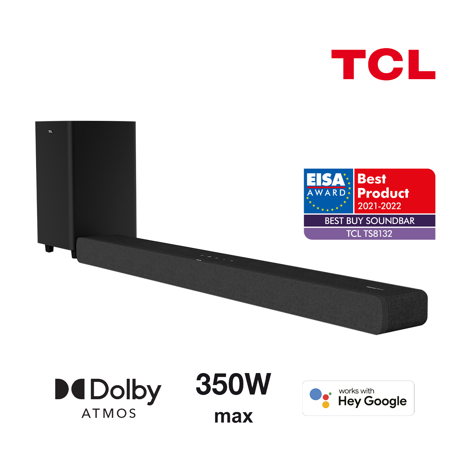 Barra de sonido - TCL TS8132, Dolby Atmos-350W, 3.1.2 canales, Subwoofer inalámbrico, 3 Modos de sonido, Negro