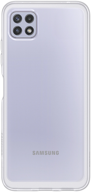 Átlátszó telefontok egy Samsung telefonon, kamerarendszerrel. A telefon hátulja világos lila. A Samsung logó látható.