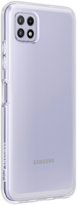 Egy Samsung telefon átlátszó tokban. A telefonon négy kamera és a Samsung logója látható. A tok oldalán gombok vannak.