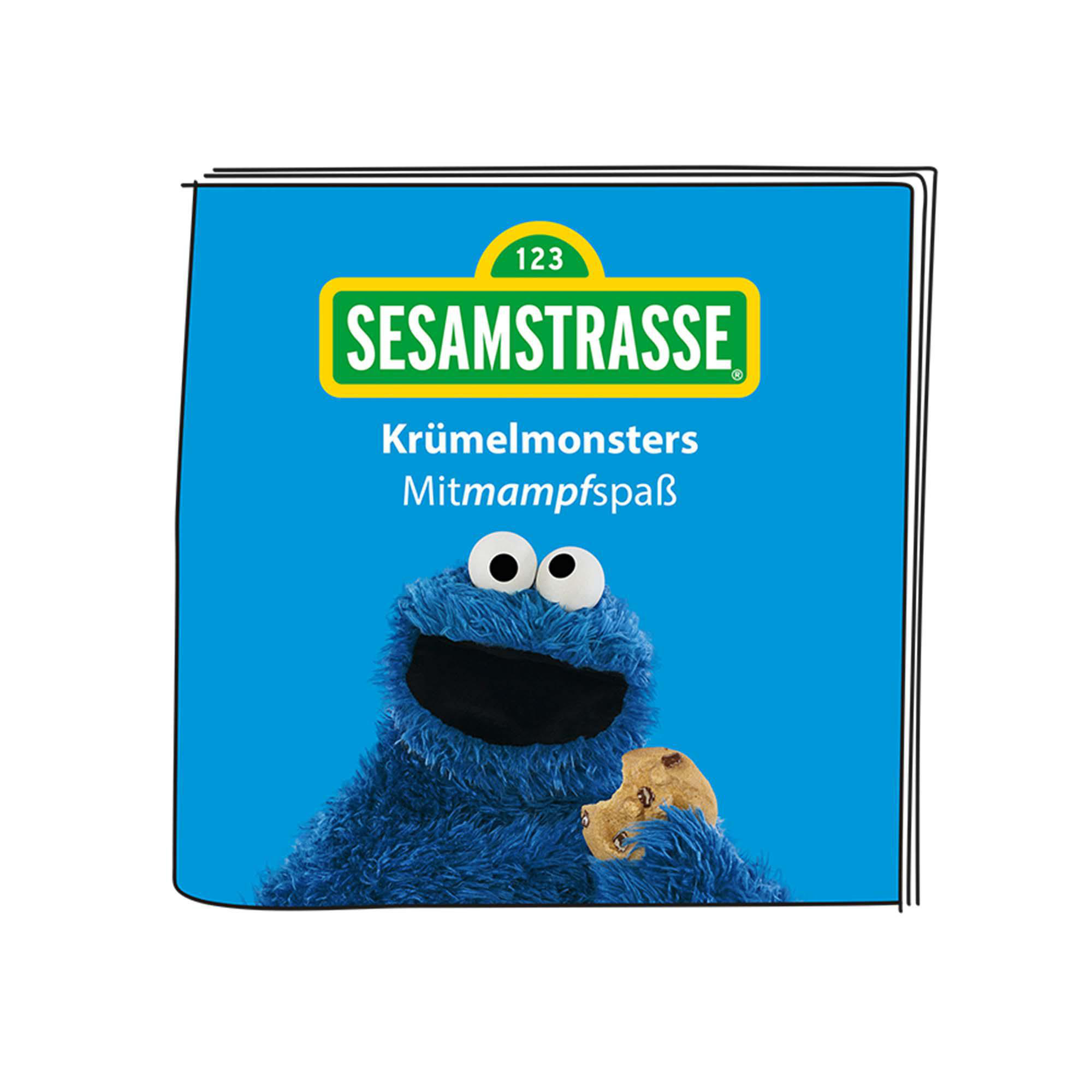 Krümelmonster aus der Sesamstraße hält einen Keks. Der Hintergrund ist hellblau.