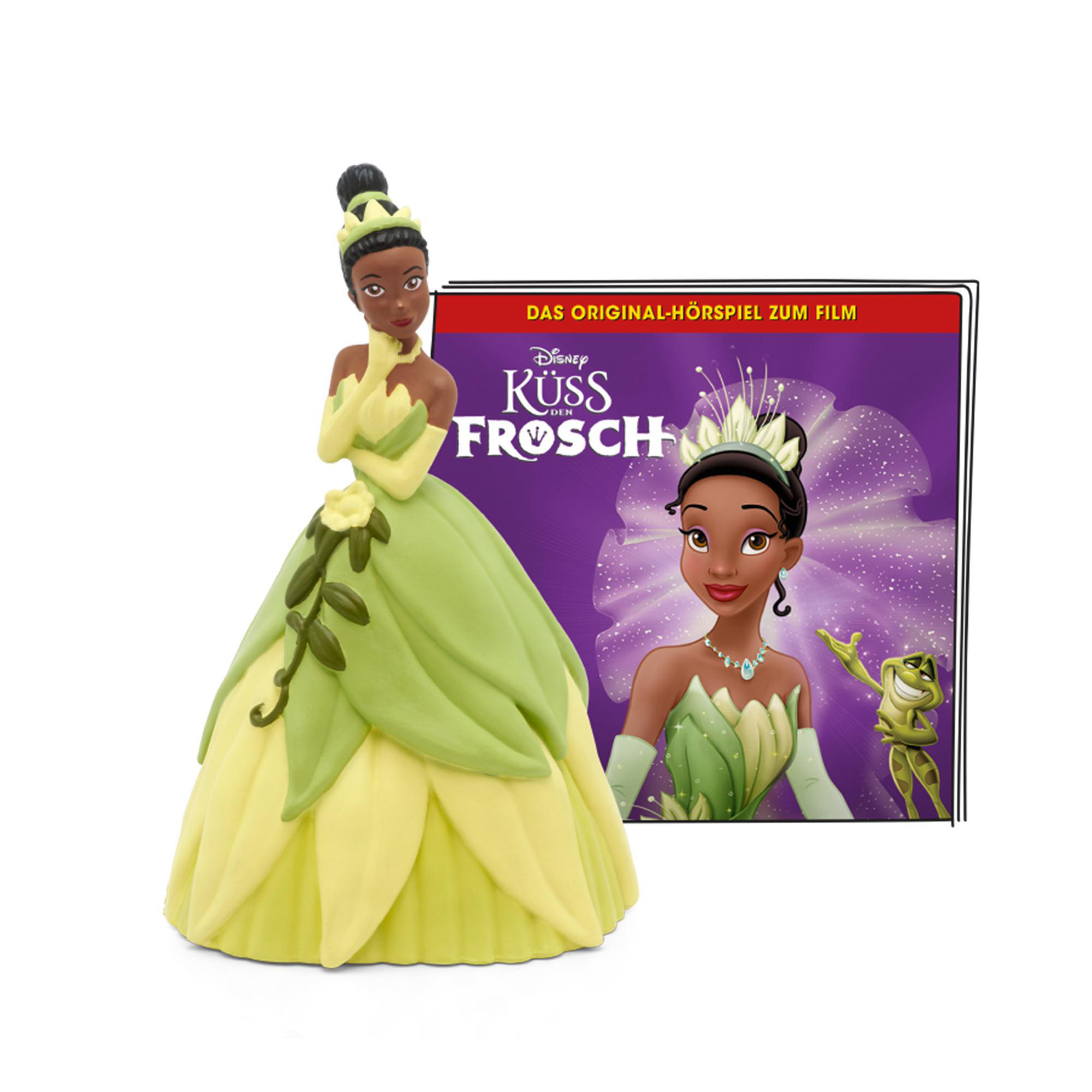 Tiana-Figur in einem grün-gelben Kleid, mit einem Filmcover im Hintergrund.