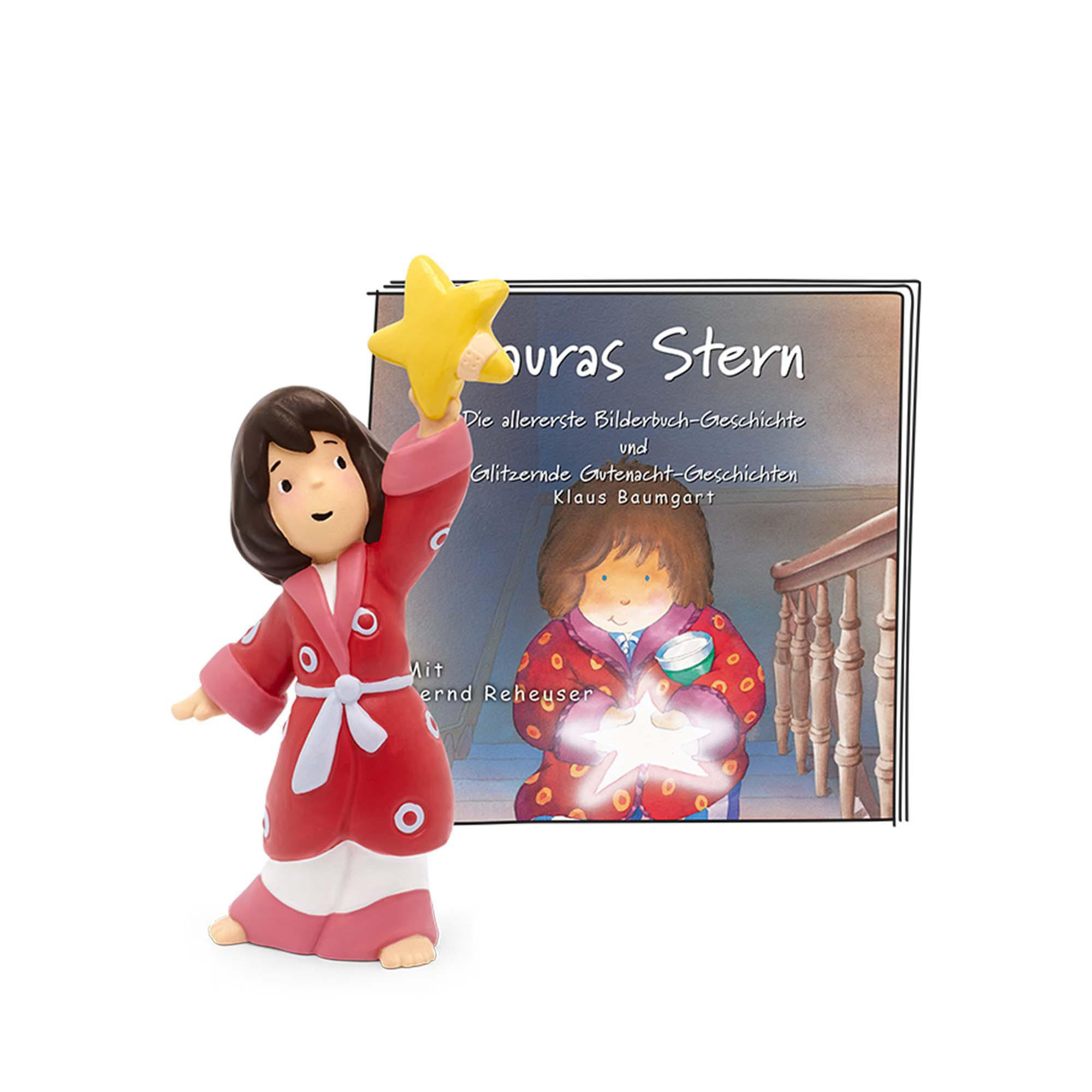 Figur eines Mädchens mit Stern neben Buch, 'Louras Stern'.