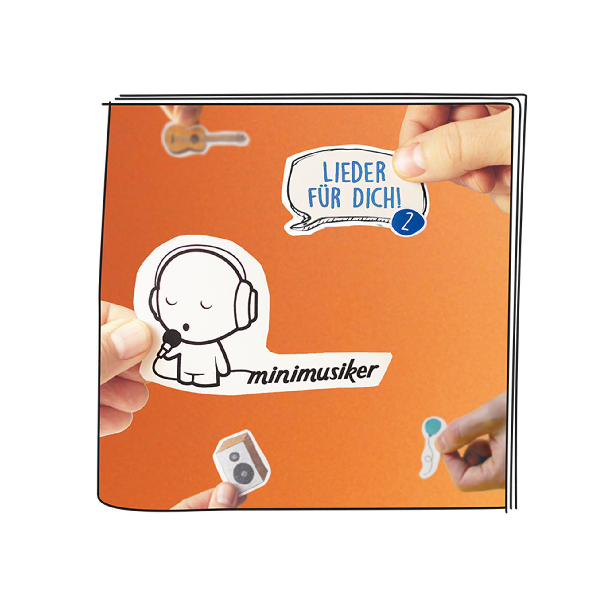 Hände halten Aufkleber mit Text und Cartoon-Zeichnungen auf orangefarbenem Grund.