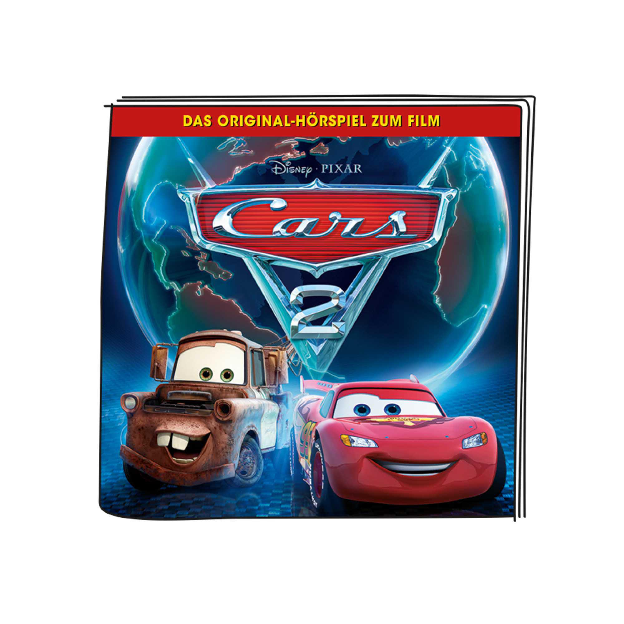 Cars 2 DVD-Cover mit animierten Autos vor Globus.