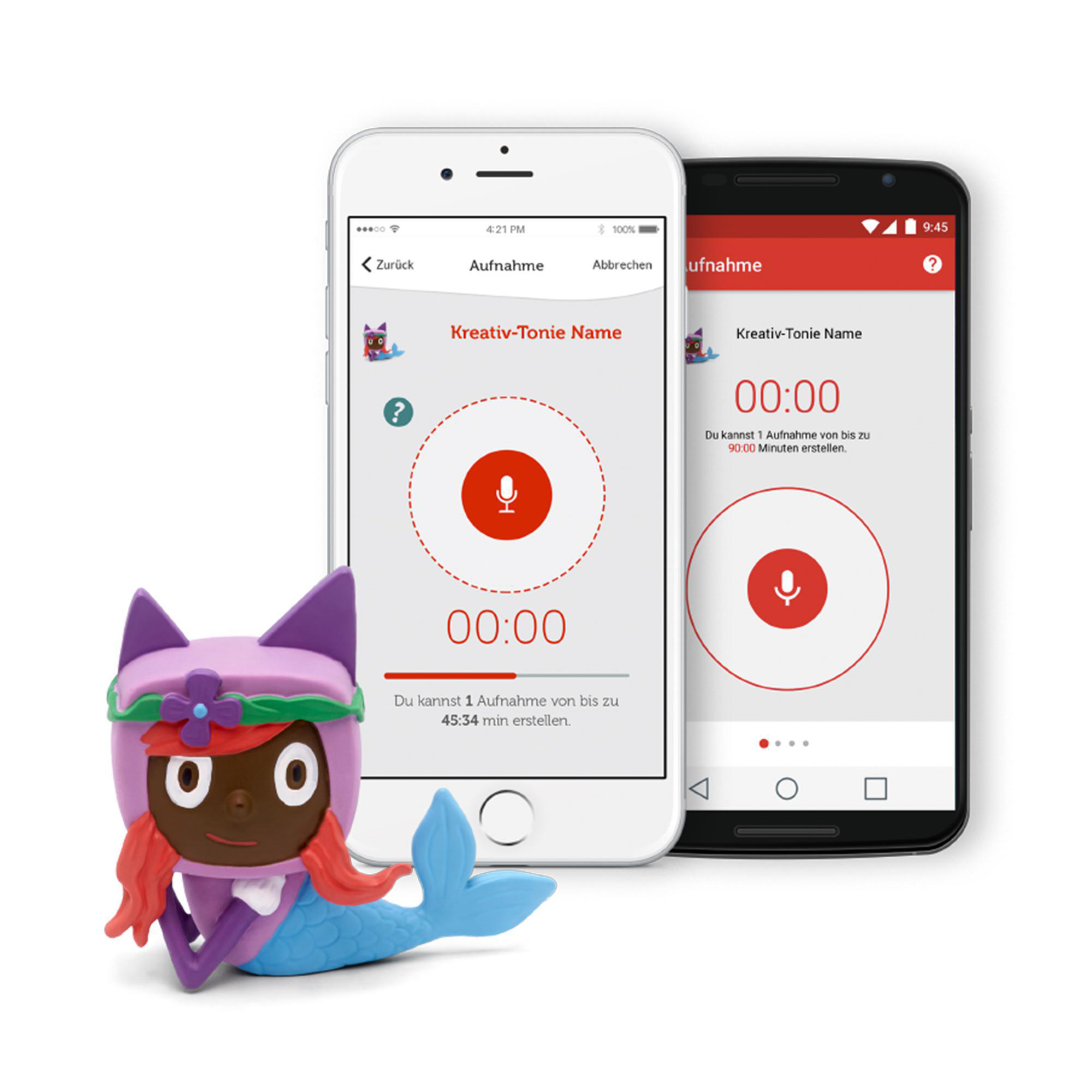 Ein Meerjungfrau-Spielzeug neben zwei Smartphones, die eine Aufnahme-App anzeigen.