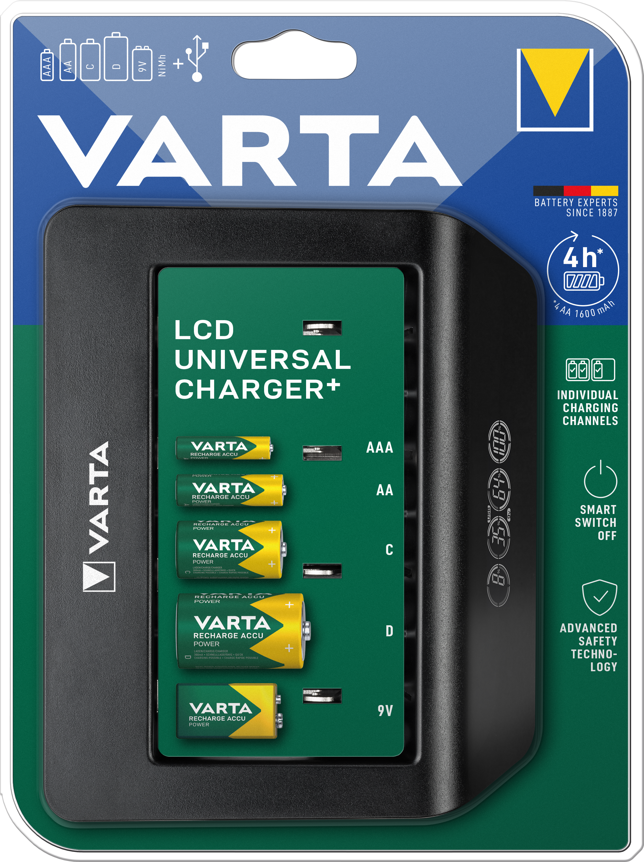 Varta univerzális töltő elemekkel, fekete és zöld.