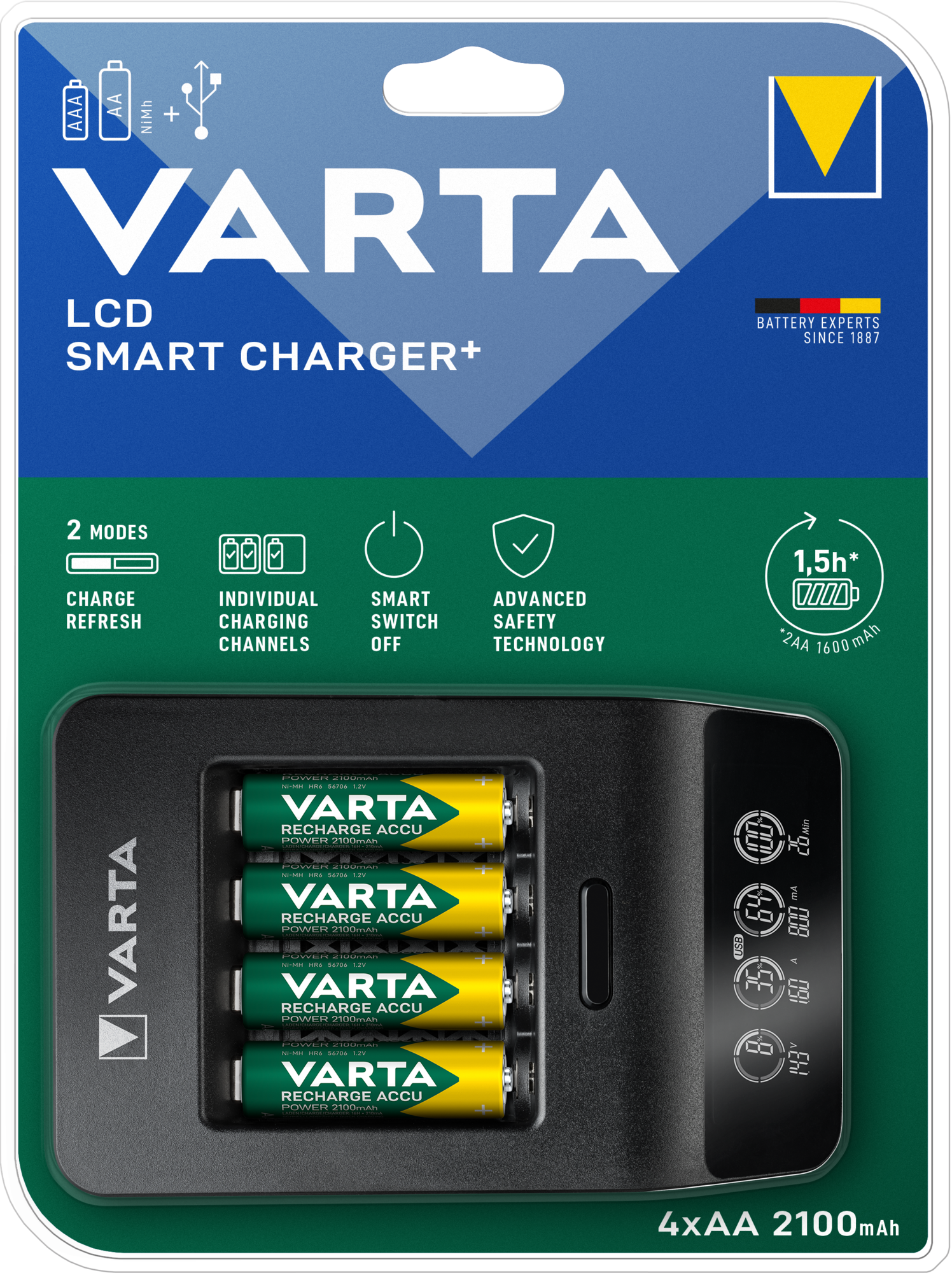 Varta akkumulátortöltő akkumulátorokkal, mely a töltési állapotot és beállításokat mutatja.