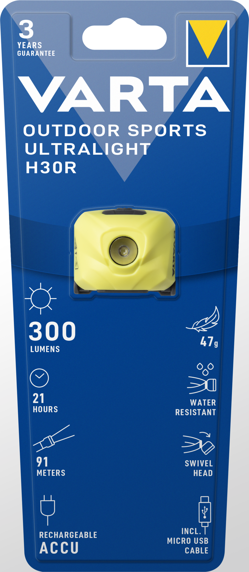 VARTA Outdoor Sports Ultralight H30R fényszóró csomagolása. Sárga lámpa, kék háttér, termék részletek: lumen, óra, méter, jellemzők.