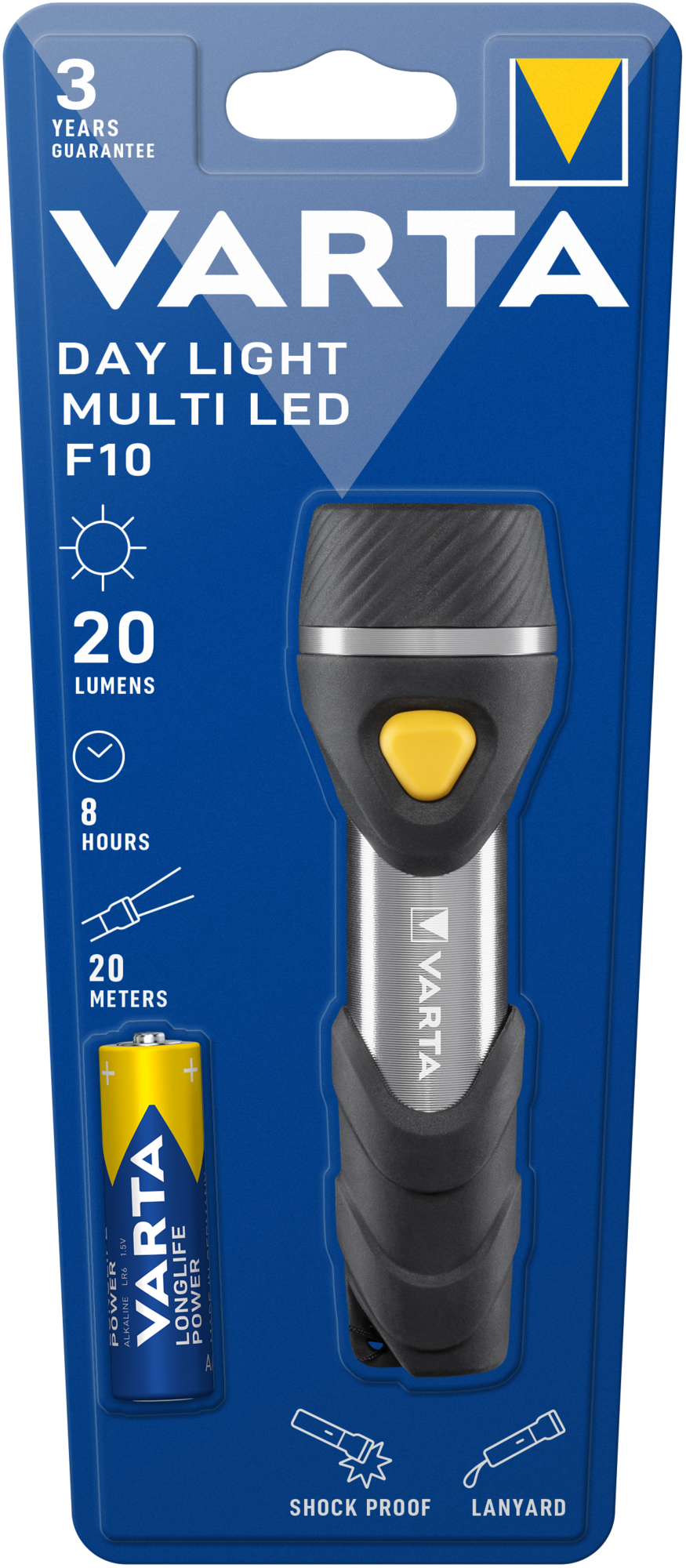 VARTA Day Light Multi LED zseblámpa, kék és fehér csomagolásban.