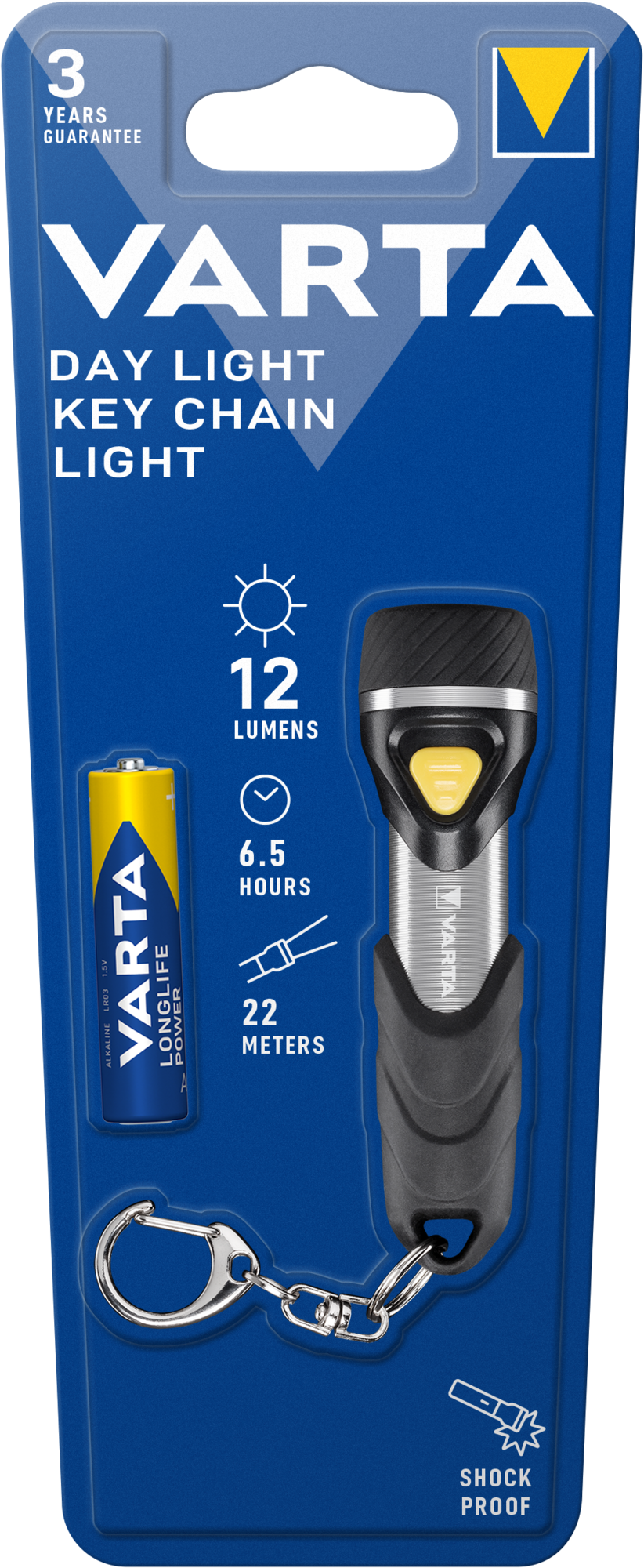 Egy Varta Day Light kulcstartó zseblámpa a csomagolásában, akkumulátor részletekkel.