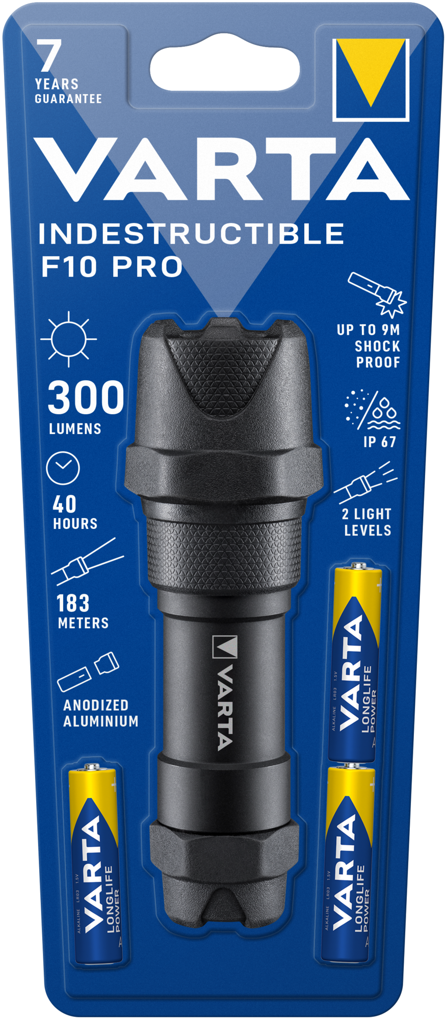 Varta F10 Pro zseblámpa csomagolása, látható zseblámpával és AA elemekkel.