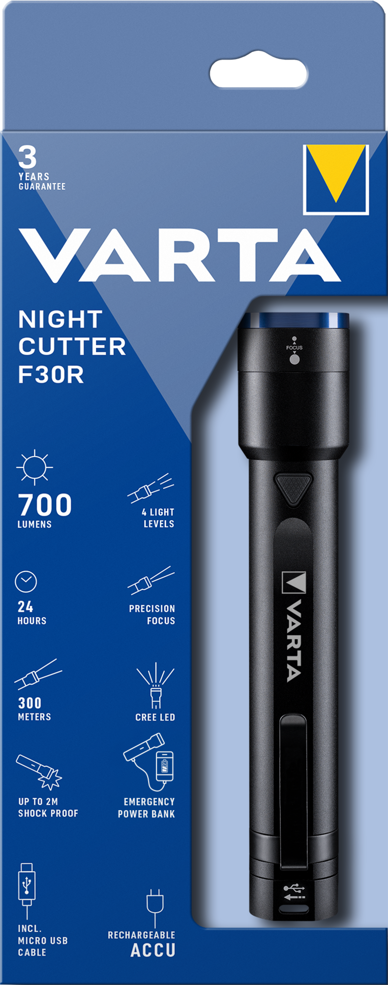 Fekete zseblámpa csomagolása, szöveggel a lumenekről, a fényerőszintekről, az akkumulátorról és a mellékelt USB-kábelről.