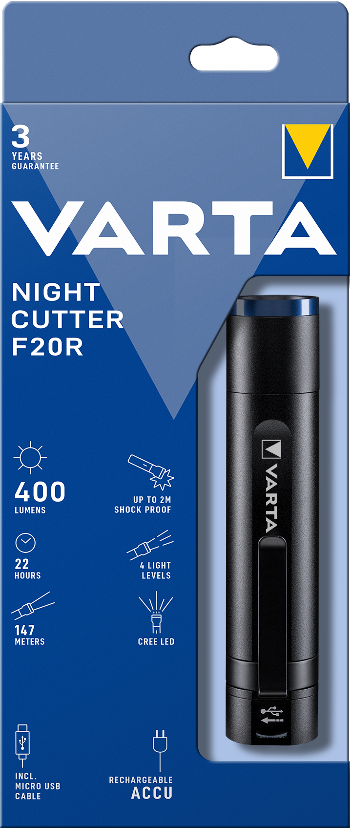 VARTA Night Cutter F20R zseblámpa doboz. Fekete zseblámpa, kék csomagolás.