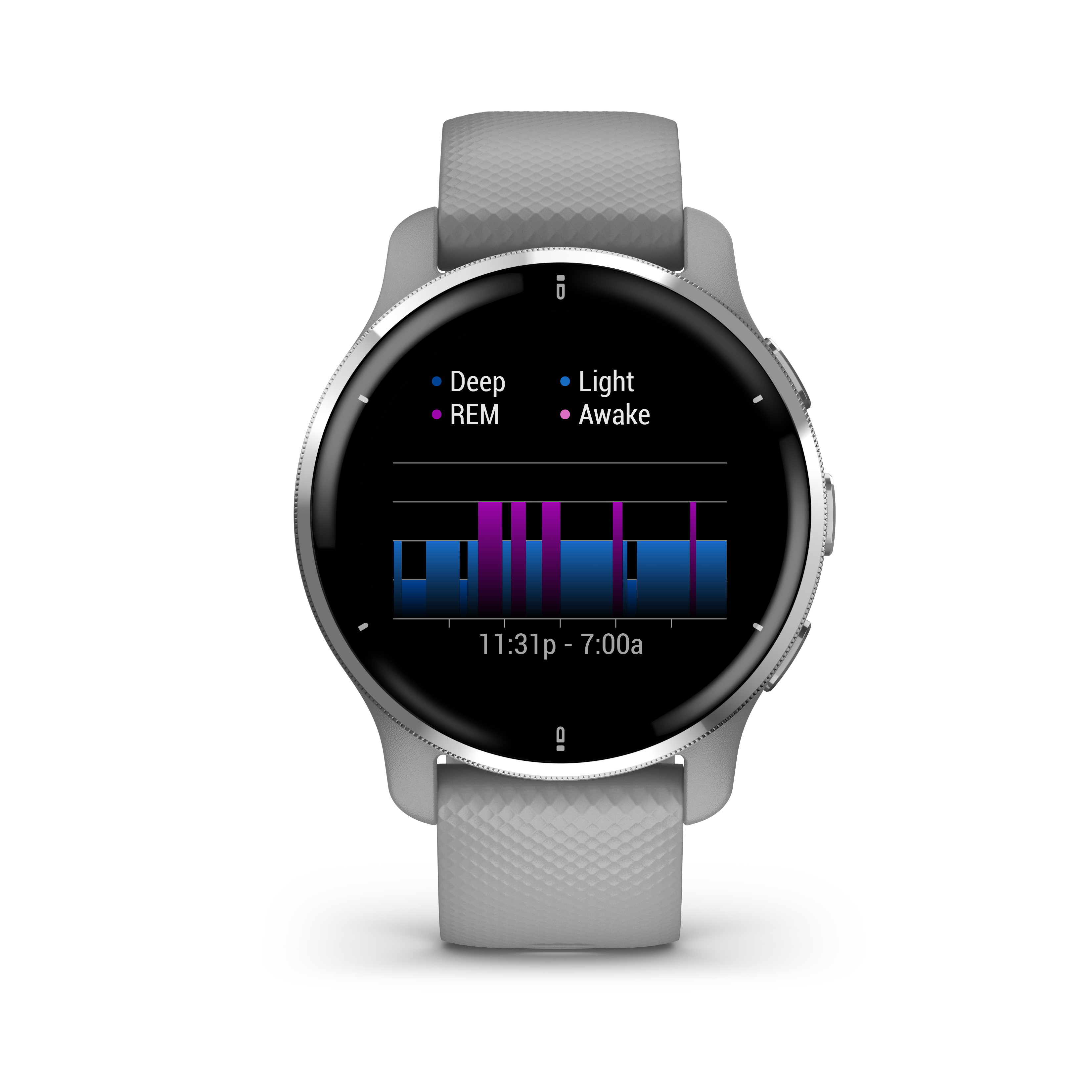 Un reloj inteligente plateado que muestra datos de sueño. Muestra profundo, REM, ligero y despierto.