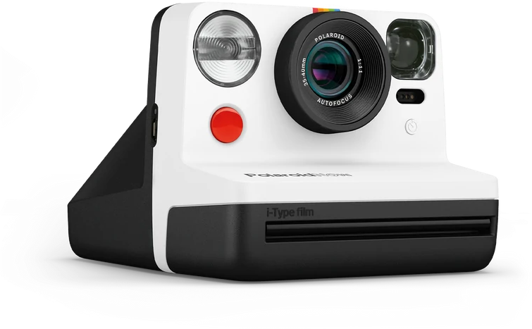 Eine weiße Polaroid Now Sofortbildkamera mit schwarzem Sockel und rotem Knopf.